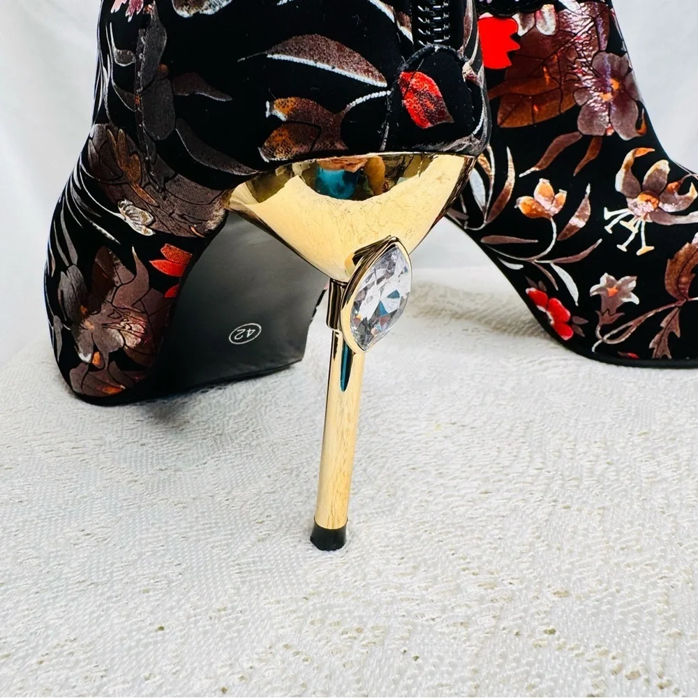 Floral Velvet Rhinestone Ankle Boots Sz 42 (US 10.5) Statement Stiletto Heel - Picture 4 of 16